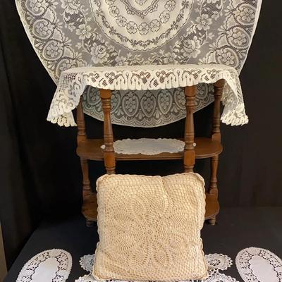 Three Tier Wooden Table, Lace/crocheted Doilies, Accent Pillow With Crocheted Case