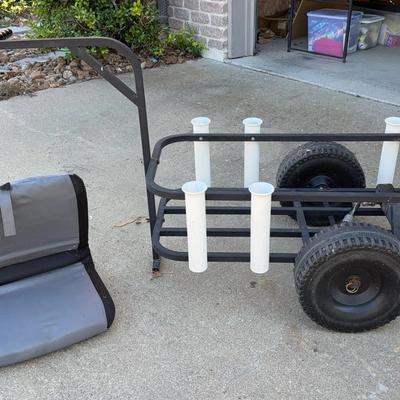Fishing rod mini trailer/holder with hitch and seat