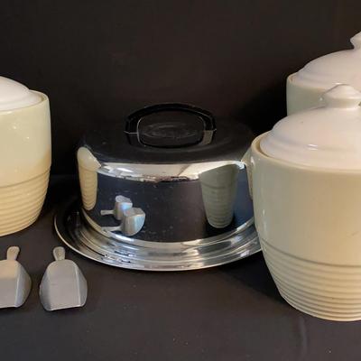 Pfaltzgraff Canisters And Lids, Metal Cake Tray With Lid, Two Scoops