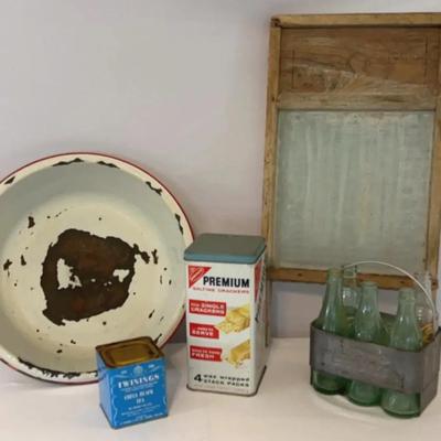 Vintage enamelware basin,vintage wash board, vintage Coca-Cola carrier with bottles saltine cracrack
