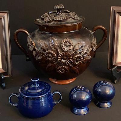 Vintage Mexican Pottery, Fiesta Sugar Bowl, Blue Salt & Pepper Shakers, Two Framed Cross-stitch Pics