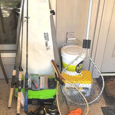 Large Lot of FISHING supplies - reels, poles, nets, ropes, cooler & storage 