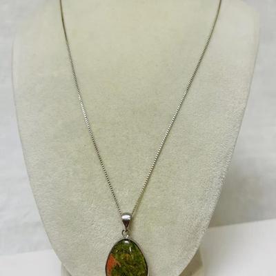Sterling Silver Unakite Stone Pendant Necklace