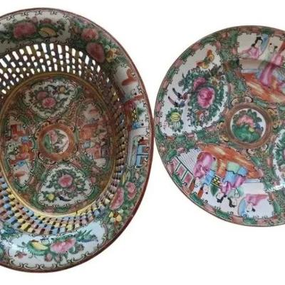 Hand-Painted Rose Medallion Porcelain Basket and Plate Set