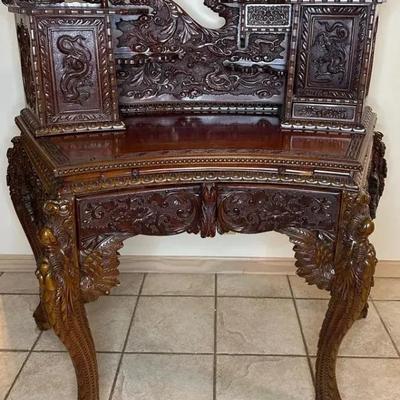 Antique Hand-Carved Dragon & Floral Writing Desk – Ornate Asian Export Style