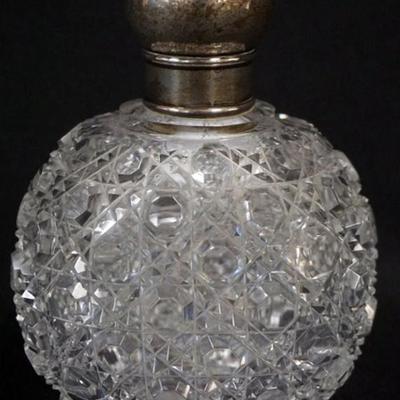 Sale Photo Thumbnail #154: 1154	ANTIQUE CUT GLASS PERFUME BOTTLE WITH HALL MARKED SILVER LID AND COLLAR, APPROXIMATELY 5 1/2 IN H, NO STOPPER
