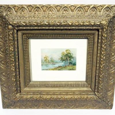 Sale Photo Thumbnail #106: 1106	FRAMED PAINTING ARTIST SIGNED ARTHUR R WARD, COWS BY WOODED STREAM, APPROXIMATELY 20 IN X 18 IN OVERALL
