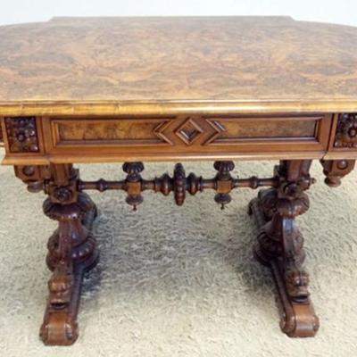 Sale Photo Thumbnail #268: 1268	OUTSTANDING ANTIQUE BURL WOOD CARVED TABLE WITH SWAN HEADS, APPROXIMATELY 56 IN X 34 IN X 30  IN H
