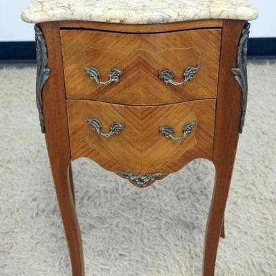 Sale Photo Thumbnail #270: 1270	ITALIAN 2 DRAWER MARBLE TOP STAND W/METAL MOUNTS, APPROXIMATELY 18 IN X 13 IN X 30 IN H
