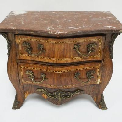 1015	ANTIQUE MINIATURE MARBLE TOP BOMBE CHEST OF DRAWERS, APPROXIMATLY 12 IN X 8 IN X 10 IN HIGH
