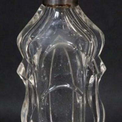 Sale Photo Thumbnail #163: 1163	CUT GLASS PERFUME WITH HINGED SILVER LID AND INTERIOR STOPPER, SMALL CHIP ON BASE, APPROXIMATELY 5 1/2 IN H
