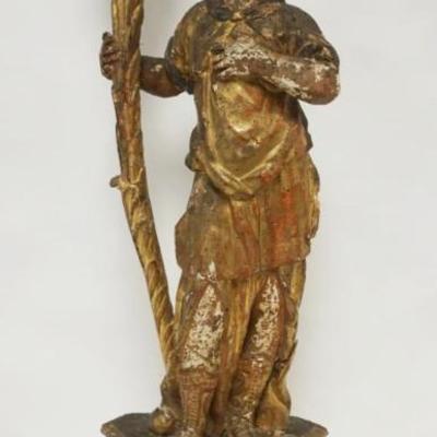 1021	ANTIQUE CARVED WOOD CONTINENTAL GILT DECORATED FIGURAL PRICKET STICK, SOME LOSS, APPROXIMATELY 12 IN X  IN X 34 IN HIGH

