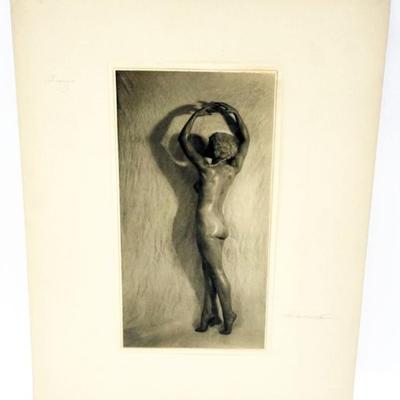 Sale Photo Thumbnail #101: 1101	H RICHARDSON CREMER PHOTOGRAPHER (1878-1942) NEW YORK, NEW JERSEY, CA 1920 NUDE PHOTO OF WOMAN TITLED *BRONZE* EXHIBIT TAGS ON REVERSE, APPROXIMATELY 16 IN X 20 IN OVERALL
