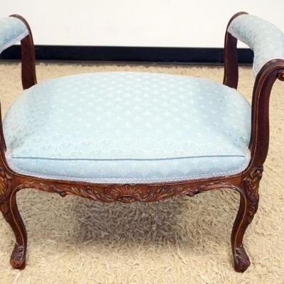 Sale Photo Thumbnail #265: 1265	CARVED UPHOLSTERED BENCH WITH SCROLLED ARMS, APPROXIMATELY 31 IN X 20 IN X 24 IN H
