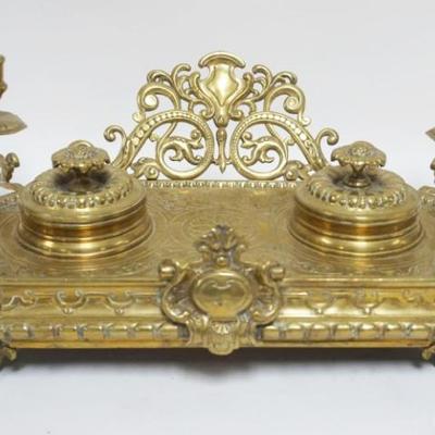 1020	ANTIQUE FANCY BRASS DOUBLE INKWELL W/CANDLE HOLDERS, APPROXIMATELY 18 IN X 10 IN X 7 IN HIGH
