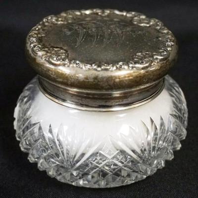 Sale Photo Thumbnail #144: 1144	ANTIQUE STERLING SILVER & CUT GLASS DRESSER BOX W/GROUND & POLISHED BASE, APPROXIMTELY 3 1/2 IN X 3 IN HIGH
