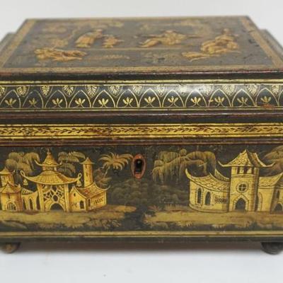 1012	ANTIQUE LACQUERED BOX W/ASIAN SCENES ALL AROUND, APPROXIMATELY 10 IN X 8 IN X 6 IN HIGH
