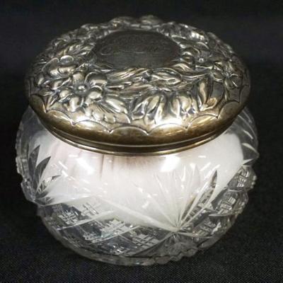 Sale Photo Thumbnail #145: 1145	ANTIQUE STERLING SILVER & CUT GLASS DRESSER BOX W/GROUND & POLISHED BASE, APPROXIMATELY 4 IN X 3 IN
