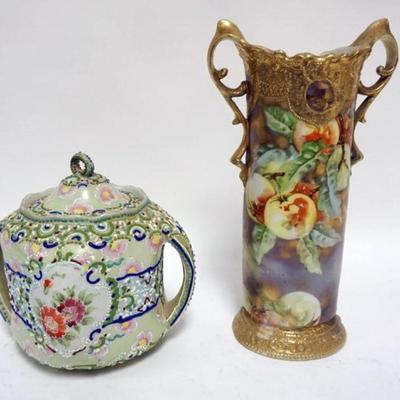 1072	NIPPON HAND PAINTED VASE &  MORIAGE COVERED BISQUIT JAR, TALLEST APPROXIMATELY 12 IN HIGH
