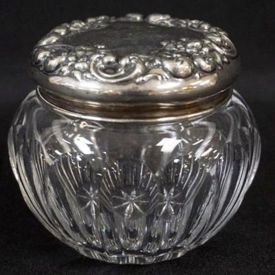 Sale Photo Thumbnail #140: 1140	ANTIQUE STERLING SILVER & CUT GLASS DRESSER JAR, GROUND & POLISHED BASE, APPROXIMATELY 3 1/2 IN X 3 1/4 IN
