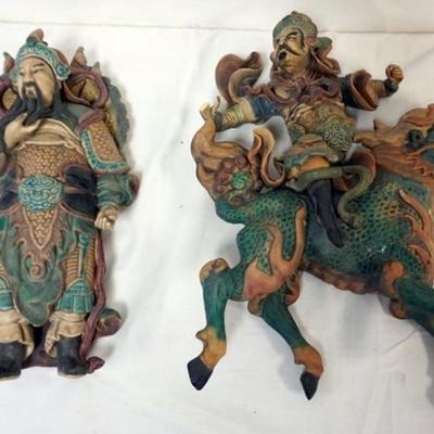 1068	ASIAN TERRACOTTA WALL HANGING FIGURES, BOTH HAVE SOME LOSS, LARGEST APPROXIMATELY 12 IN X 16 IN
