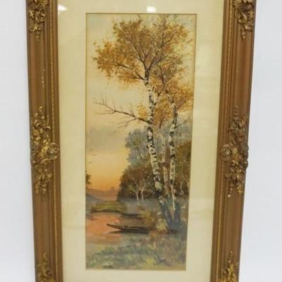 Sale Photo Thumbnail #114: 1114	FRAMED COLORED LITHOGRAPH OF BIRCH TREES ALONG WOODED STREAM, APPROXIMATELY 16 IN X 28 IN OVERALL

