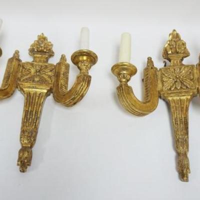 1049	PAIR OF NEOCLASSICAL GILT WOOD ELECTRIC CANDLE WALL SCONCES, EACH APPROXIMATELY 13 IN X 17 IN HIGH
