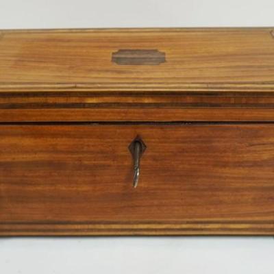1014	ANTIQUE MAHOGANY TEA CADDY W/BANDED INLAY BORDERS, BRASS PAW FEET, LION HEAD PULLS
