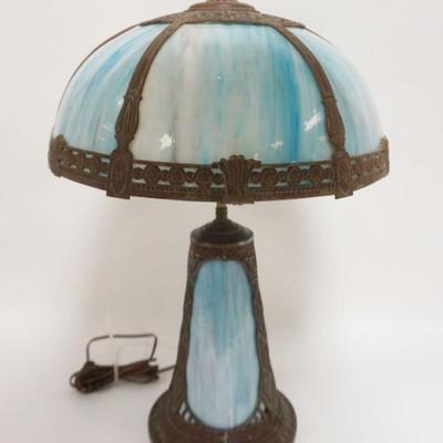 1036	ANTIQUE PARLOR LAMP W/BLUE SLAG GLASS PANELS TOP & BASE, APPROXIMATELY 24 IN HIGH
