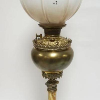1028	JR PALMENBERGS & SONS BANQUET LAMP W/CAST METAL BASE, ONYX CENTER COLUMN, SHADE HAS CHIP, APPROXIMATELY 35 IN HIGH
