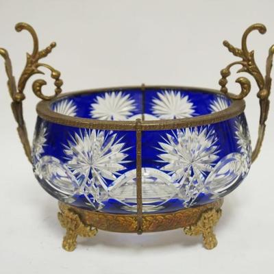 1053	COBALT CUT TO CLEAR CENTER BOWL IN ORNATE METAL FRAME & BASE, APPROXIMATELY 12 IN X 10 IN HIGH
