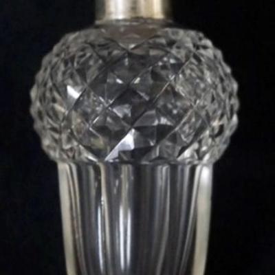 Sale Photo Thumbnail #166: 1166	SILVER HALLMARKED LID ACORN SHAPED CUT GLASS PERFUME, APPROXIMATELY 3 IN WITH GLASS STOPPER
