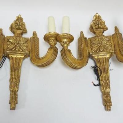 1047	PAIR OF NEOCLASSICAL GILT WOOD ELECTRIC CANDLE WALL SCONCES, EACH APPROXIMATELY 13 IN X 17 IN HIGH
