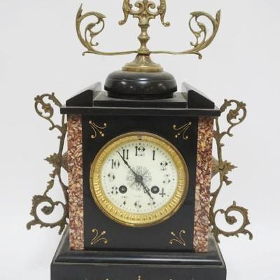 1016	ANTIQUE FRENCH SLATE & MARBLE MANTLE CLOCK, APPROXIMATELY 8 IN X 6 IN X 18 IN HIGH
