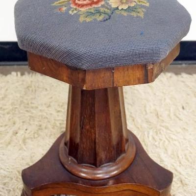 Sale Photo Thumbnail #258: 1258	VICTORIAN ROSEWOOD ORGAN STOOL WITH FLORAL NEEDLE POINT SEAT, APPROXIMATELY 15 IN X 13 IN X 20 IN H
