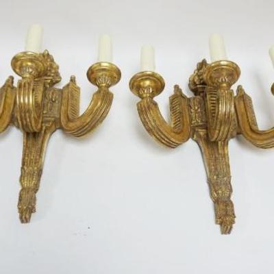 1051	PAIR OF NEOCLASSICAL GILT WOOD ELECTRIC CANDLE WALL SCONCES, EACH APPROXIMATELY 13 IN X 17 IN HIGH
