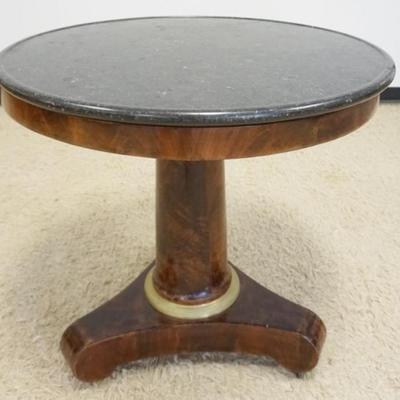Sale Photo Thumbnail #251: 1251	BIEDERMEIER MARBLE TOP TABLE WITH COLUMN CENTER AND BRONZE RING TRIM ON BOTTOM, APPROXIMATELY 32 IN X 31 IN H
