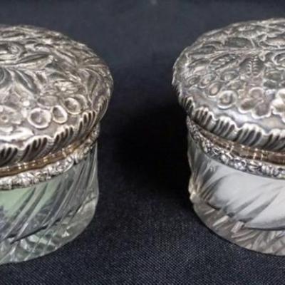 Sale Photo Thumbnail #146: 1146	PAIR OF ANTIQUE STERLING SILVER & CUT GLASS DRESSER BOXES, EACH APPROXIMATELY 3 IN X 2 IN HIGH
