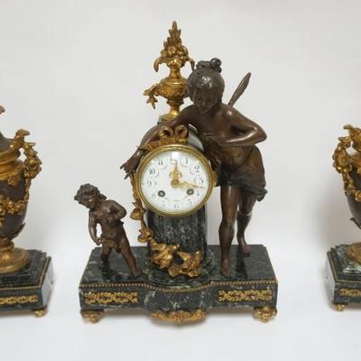 1004	FRENCH CLOCK SET, 3 PIECE, MARBLE & METAL CLOCK SET W/FIGURAL PUTTI & WINGED LADY, 2 MARBLE BASED URNS, SOME LOSS TO METAL...