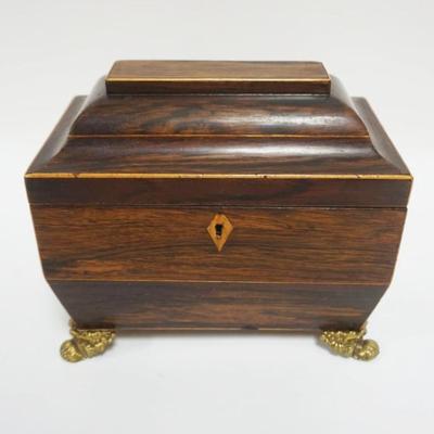 1009	ANTIQUE FEDERAL BOX W/BRASS PAW FEET & LIONS HEADS ON SIDES, APPROXIMATELY 8 IN X 5 IN X 7 1/2 IN HIGH

