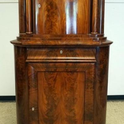 Sale Photo Thumbnail #262: 1262	BIEDERMEIER 2 PART BURL WOOD CORNER CUPBOARD WITH CORINTHIAN COLUMNS, 2 DOORS AND 1 DRAWER AND MOTHER OF PEARL ESCUTHEONS, APPROXIMATELY 40 IN X 24 IN X 83 IN H
