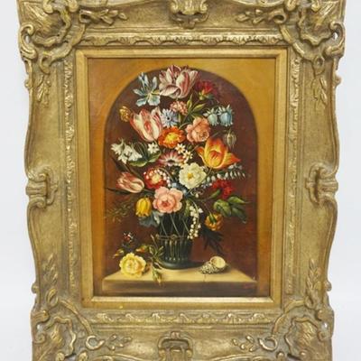 Sale Photo Thumbnail #117: 1117	CONTEMPORARY ARTIST SIGNED FLORAL STILL LIFE ON BOARD, APPROXIMATELY 19 IN X 23 IN OVERALL
