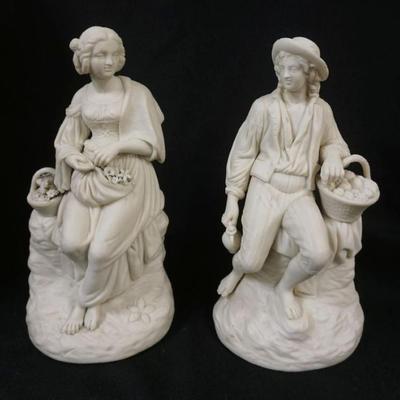 1024	PAIR OF ANTIQUE PARIAN STATUES OF MAN & WOMAN W/GATHERING BASKETS, MAN HAS HAT BRIM CHIP, EACH APPROXIMATELY 11 IN HIGH

