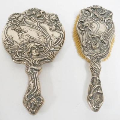 Sale Photo Thumbnail #193: 1193	ART NOUVEAU STERLING SILVER LADIES DRESSER MIRROR AND HAIR BRUSH
