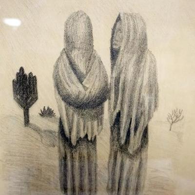 Sale Photo Thumbnail #128: 1128	FRAMED PRINT OF 2 CLOAKED PEOPLE W/CATUS IN BACKGROUND, TITLED & ARTIST SIGNED, APPROXIMATELY 14 IN X 20 IN OVERALL
