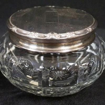 Sale Photo Thumbnail #143: 1143	ANTIQUE STERLING SILVER & CUT GLASS DRESSER BOX W/GROUND & POLISHED BASE, APPROXIMTELY 4 1/2 IN X 3 IN HIGH
