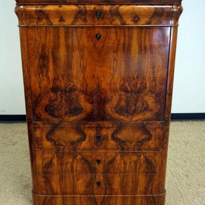 Sale Photo Thumbnail #264: 1264	BIEDERMEIER BURL WOOD ABATANT FALL FRONT SECRETARY DESK WITH BIRDS EYE & GEOMETRIC INLAID INTERIOR, HAVING 3 DRAWERS, APPROXIMATELY 43 IN X 21 IN X 65 IN H
