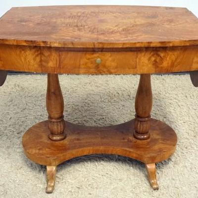Sale Photo Thumbnail #245: 1245	BIEDERMEIER 1 DRAWER DROP LEAF TABLE WITH BURLED WOOD QUARERED BOOKMATCH TOP, APPROXIMATELY 38 IN X 24 IN X 31 IN, EACH DROP APPROXIMATELY 12 IN
