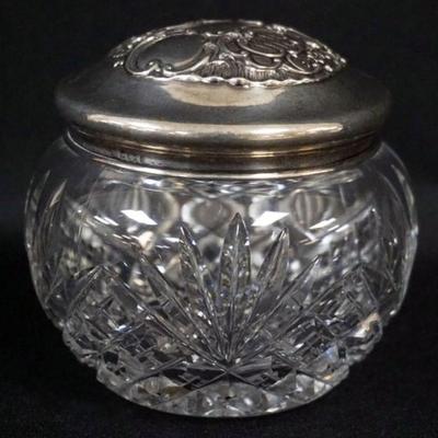 Sale Photo Thumbnail #139: 1139	ANTIQUE STERLING SILVER & CUT GLASS DRESSER JAR, GROUND & POLISHED BASE, APPROXIMATELY 4 IN X 3 1/2 IN
