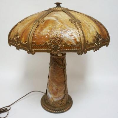 1040	ANTIQUE PARLOR LAMP W/SLAG GLASS PANELS ON SHADE & BASE, SOME LOSS TO METAL TRIM, APPROXIMATELY 25 IN HIGH
